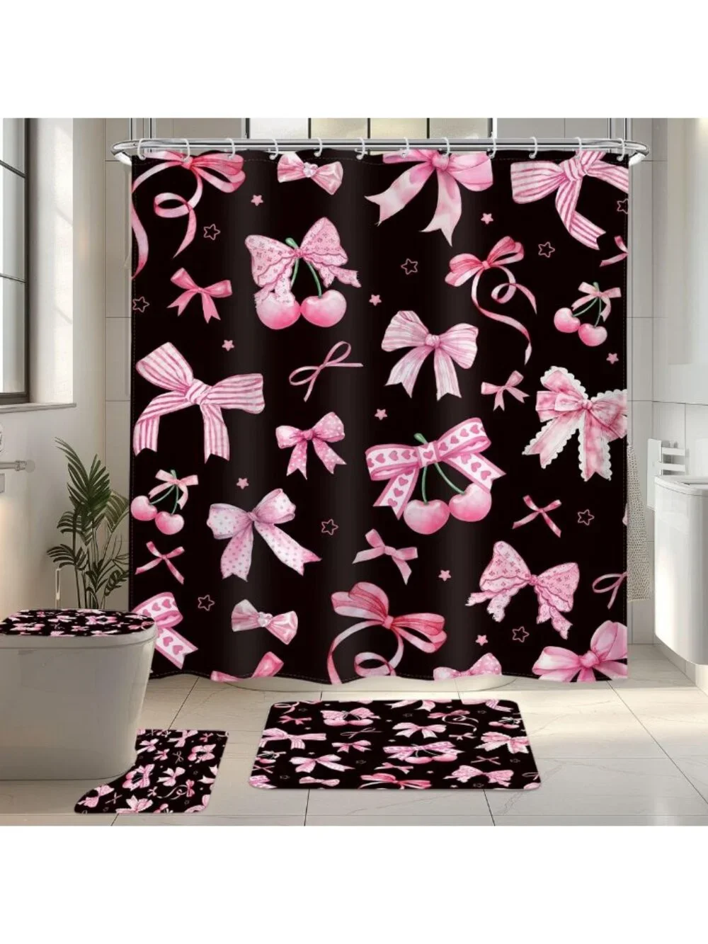 Cherry Bow Shower Curtain Set - 4 PCS Pink & Black Bathroom Decor, Rugs
